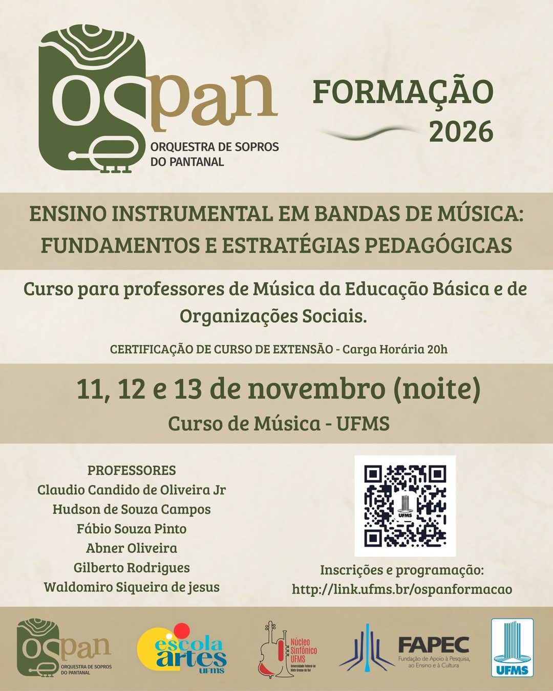 Flyer: OSPAN – Formação 2026: Ensino Instrumental em Bandas de Música